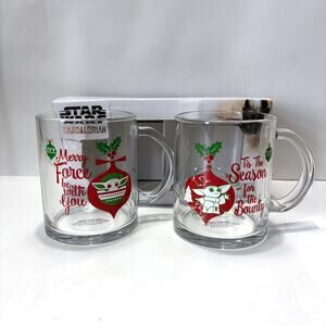 STAR WARS Disney The Mandalorian Grogu Glass Mug Set Christmas Holiday 17.5 Oz